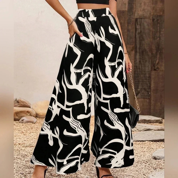 Pants - Women High Waist Printed Wide-Leg Loose Long Pants